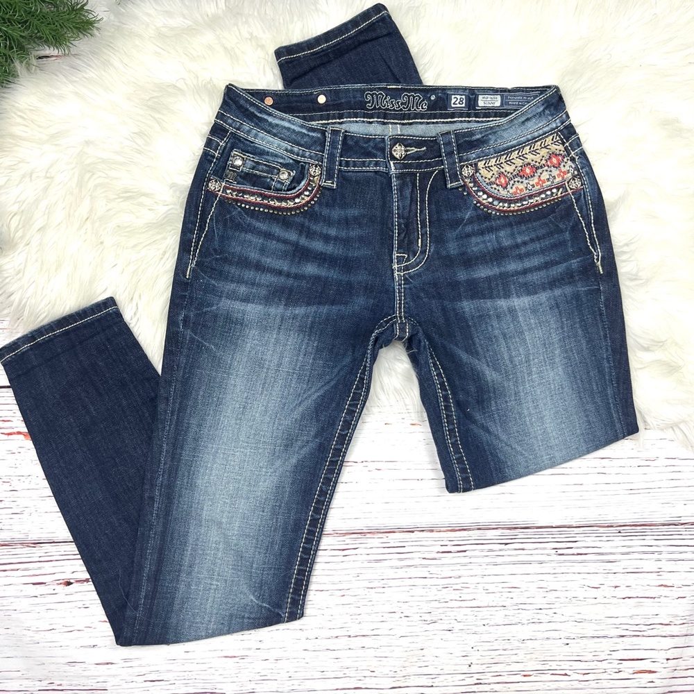 Miss Me Dark Blue Skinny Jeans with Embellished Pockets